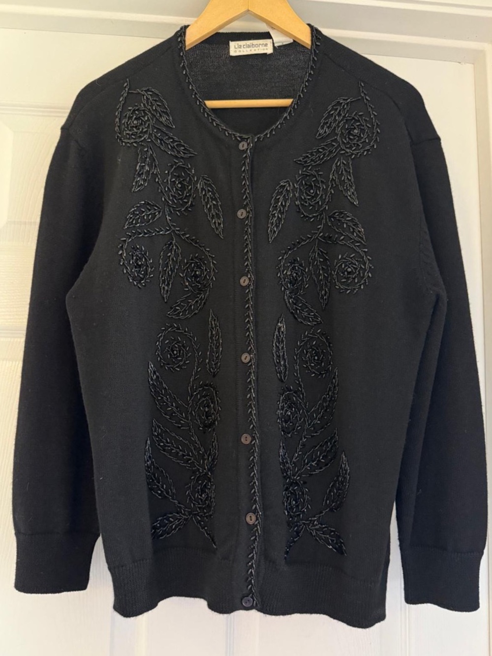 Liz Claiborne Collection Beaded Black Merino Wool Floral‎ Cardigan Sweater M